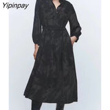 Yipinpay Women Fashion Print Long Dresses With Belt 2023 Female Elegant Turn Down Collar Clothing Long Sleeve Soft Vestidos