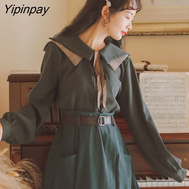 Yipinpay Sweet Women Blouses Vintage Preppy Style Sweet Lace Up Bow Turn-down Collar Solid Female Tops HOT