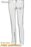 Yipinpay Crystal Diamond Shiny Long Pants Women Summer Fishnet Wide Leg Pants Femme Sexy Hollow Out Beach Party Trousers 2023