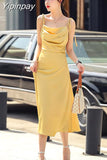 Yipinpay Elegant Sling Satin Dresses For Women Summer Sleeveless Folds Purple Long Dress Vestidos