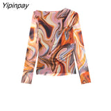 Yipinpay Elegant Women Tulle Printed Skirts Suits Folds Tops Bow Mid-Calf Skirts Sets Long Sleeve Shirt Blouse 2023 Spring Autumn