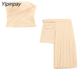 Yipinpay Fashion Women Solid Pant Sets 2023 Spring Summer Strapless Tops Women High Waiste Casual Zipper Wide Leg Pants Set