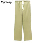 Yipinpay 2023 Women Solid Blouse Pants Sets Spring Casual Single Breasted Long Sleeve Shirts Elastic Waist Pants Outwear Two Colors