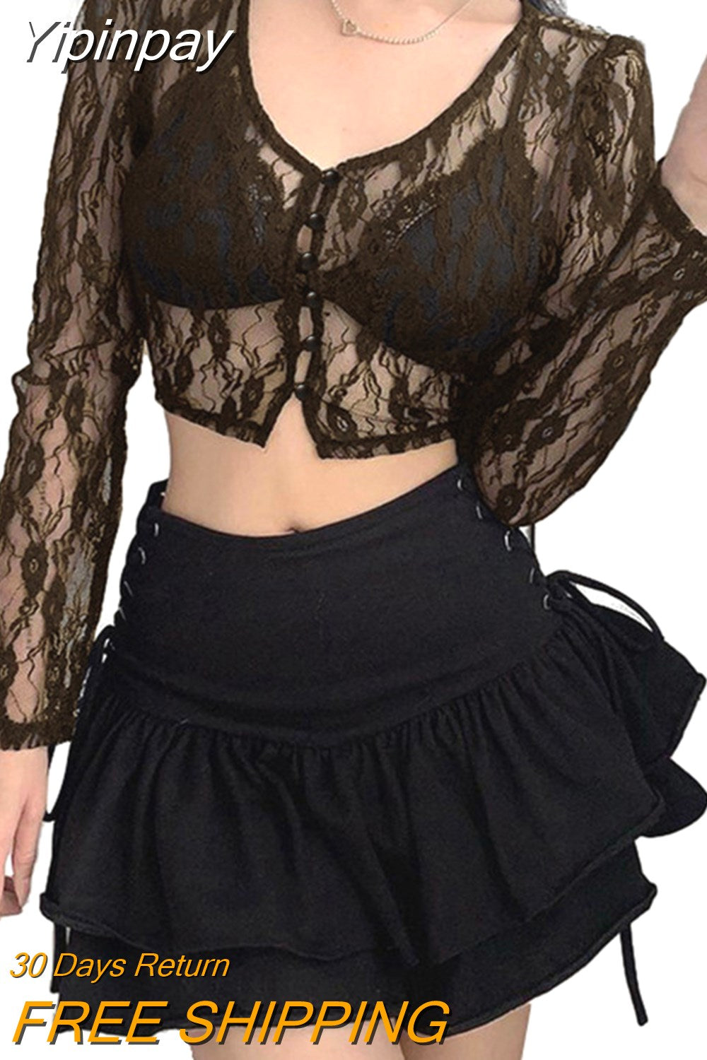 Yipinpay Women Lace T-shirts Fall Winter 2023 Sexy Mesh Crop Top Clothes 2000s Clothes y2k Fairy Grunge Long Sleeve Top Streetwear Club
