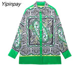 Yipinpay Women Printed Blouses Shirt 2023 Spring Summer Fashion Causal Turn Down Collar Tops Single Breasted Long Sleeve T-Shirts