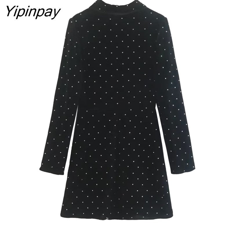 Yipinpay 2023 Autumn Women Velvet Mini Dresses Elegant Turn Down Collar Single Breasted Dresses Vintage Simple Long Sleeve Vestidos