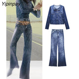 Yipinpay Vintage 2023 Solid Slim Blouse Pants Sets Spring Summer Casual Single Breasted Long Sleeve Shirt Zipper Flare Pants Outwear