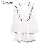 Yipinpay Thin Women Dot Printed Mini Dresses 2023 Summer Fashion V-neck Ruffles Dresses Sweet Long Sleeve A-line Vestidos