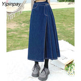 Yipinpay Summer Mid-length Denim Skirt Woman Pleated High Waist Thin A-line