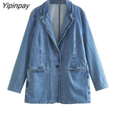 Yipinpay 2023 Autumn Women Denim Blazer Jackets Solid Notched Causal Pockets Coats Single Breasted Long Sleeve Chic Outwear