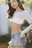 Yipinpay MO Off Shoulder See Through Crop Tops women sexy 2023 spring Strapless Casual Crop Tops Slim T-Shirt Casual Streetwear