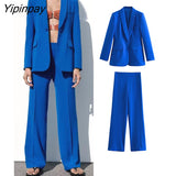 Yipinpay Fashion Spring Women Blue Blazer Suits Sets 2023 New Single Button Office Lady Jackets High Waisted Wide Leg Pants