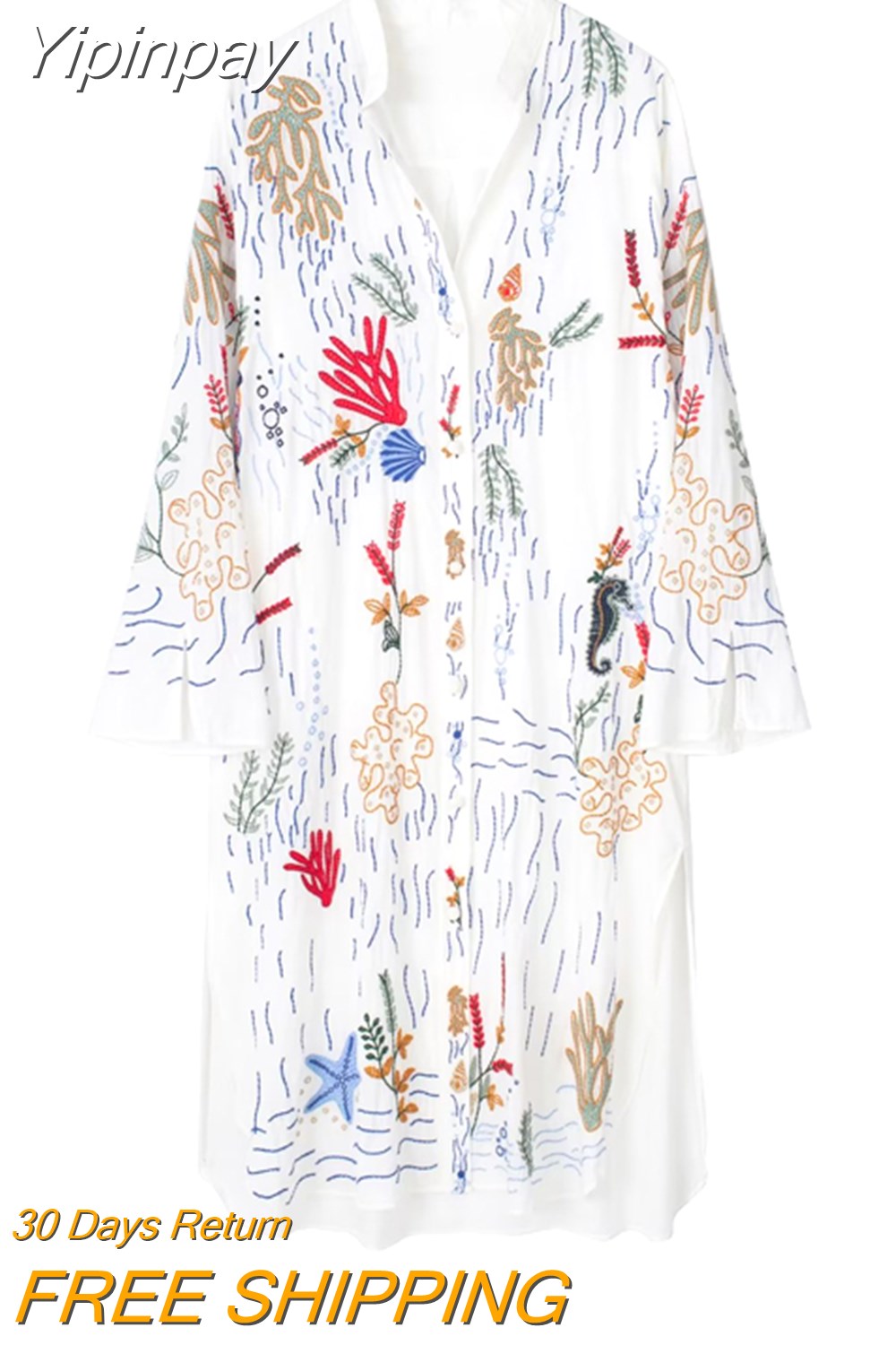 Yipinpay Fashion 2023 Women's Shirt Dress Female Chic Elegant Embroidery Dresses Summer Casual Loose A-Line Ladies New In Dress
