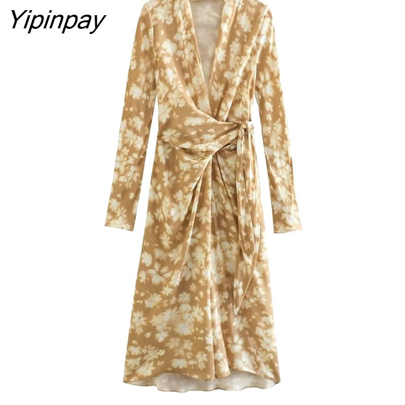 Yipinpay Elegant Women Printed Scarf Midi Dresses 2023 Summer Beach Style Bow Dress A-line Long Sleeve Mid-Calf Vestidos