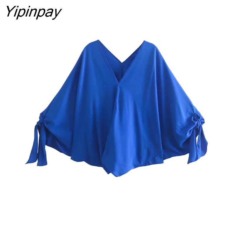 Yipinpay Women's Suit Batwing Sleeve Blouse With High Wasit Pants 2 piece Sets 2023 Womens Outfits Loose Elegant Office Ladies Sets