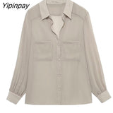 Yipinpay 2023 Thin Women Solid Blouses With Patch Pockets Spring Autumn Casual Long Sleeved Tops Summer Single Breasted T-Shirts