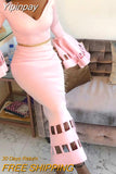 Yipinpay Women Solid Elegant  Chain Hollow out  V neck Flared Sleeves Party Bodycon Maxi Dress