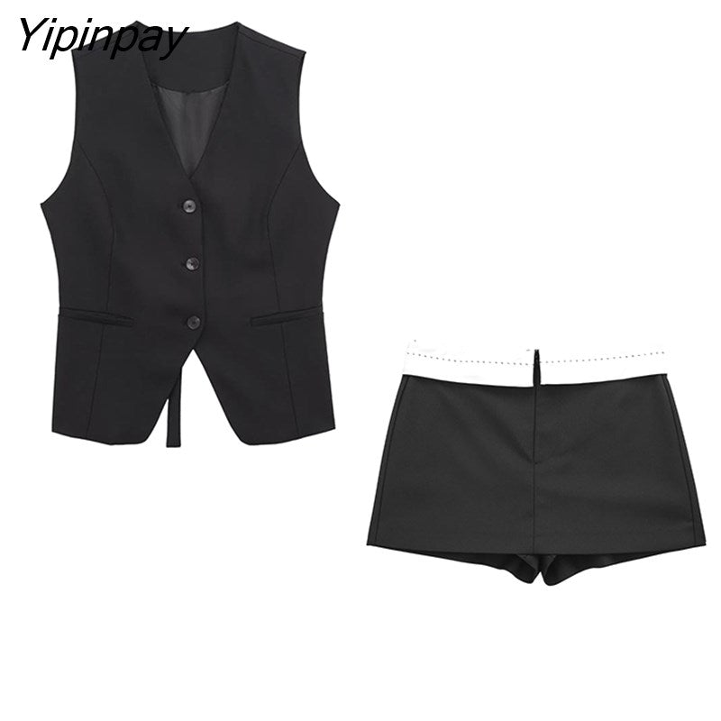 Yipinpay Women Fashion Spring Blazer Vest Pants Sets 2023 Casual Short Single Breasted Top Elastic Waist Zipper Pants Outwear