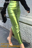 Yipinpay Sparkly Slit Long Skirts Women High Waist Metallic Green Slim Maxi Skirt 2023 Summer Harajuku Elegant Fairy Grunge Clothes