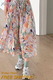 yipinpay Summer Painting Printed Pleated Skirt Women 2023 Chiffon High Waisted A-line Long Skirts Korean Fashion Faldas Female