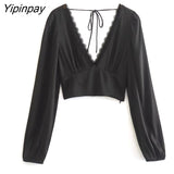 Yipinpay Women Solid Backless Lace Blouses Shirt 2023 Spring Autumn Causal Long Sleeved Thin Tops Pullover Deep V-neck T-Shirts