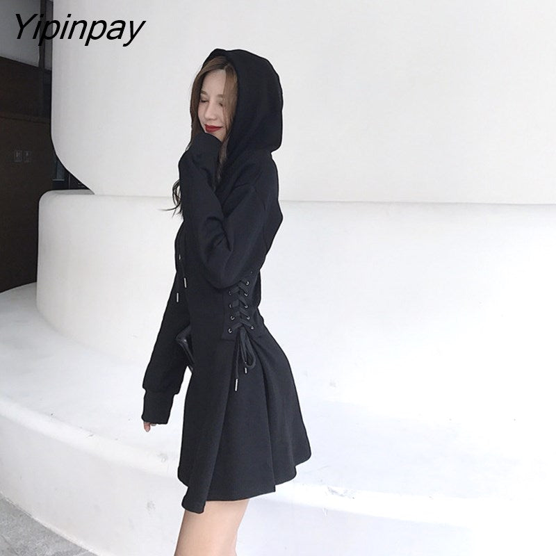 Yipinpay Spring Autumn Women dress Korean style slim high waist Hooded streetwear Corset Lace up Sports dress female dresses