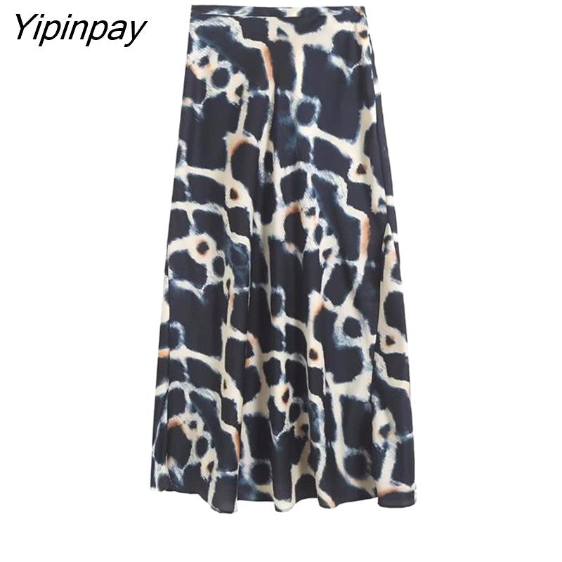 Yipinpay 2023 Fashion Women Tie-Dye Printed Skirts Sets Summer Turn Down Collar Shirts Top Side Mid-Calf Casual Skirts