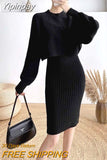 Yipinpay Winter Sweater Dress Two Piece Women Fashion New Office Ladies Sets Knitted Pullover Sweater + Vest Dress