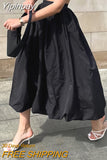 Yipinpay Elegant Black Ball Gown Skirt Midi Loose Pleated Women A-Line Skirts High Waist Female Fashion Spring Cotton Skirts