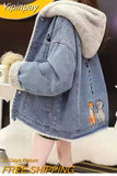 Yipinpay Winter Spring New In Women's Denim Jacket Blue with Hat Hoodie Fashion Oversize Embroidered Streetwear Jean Coat Outerwears