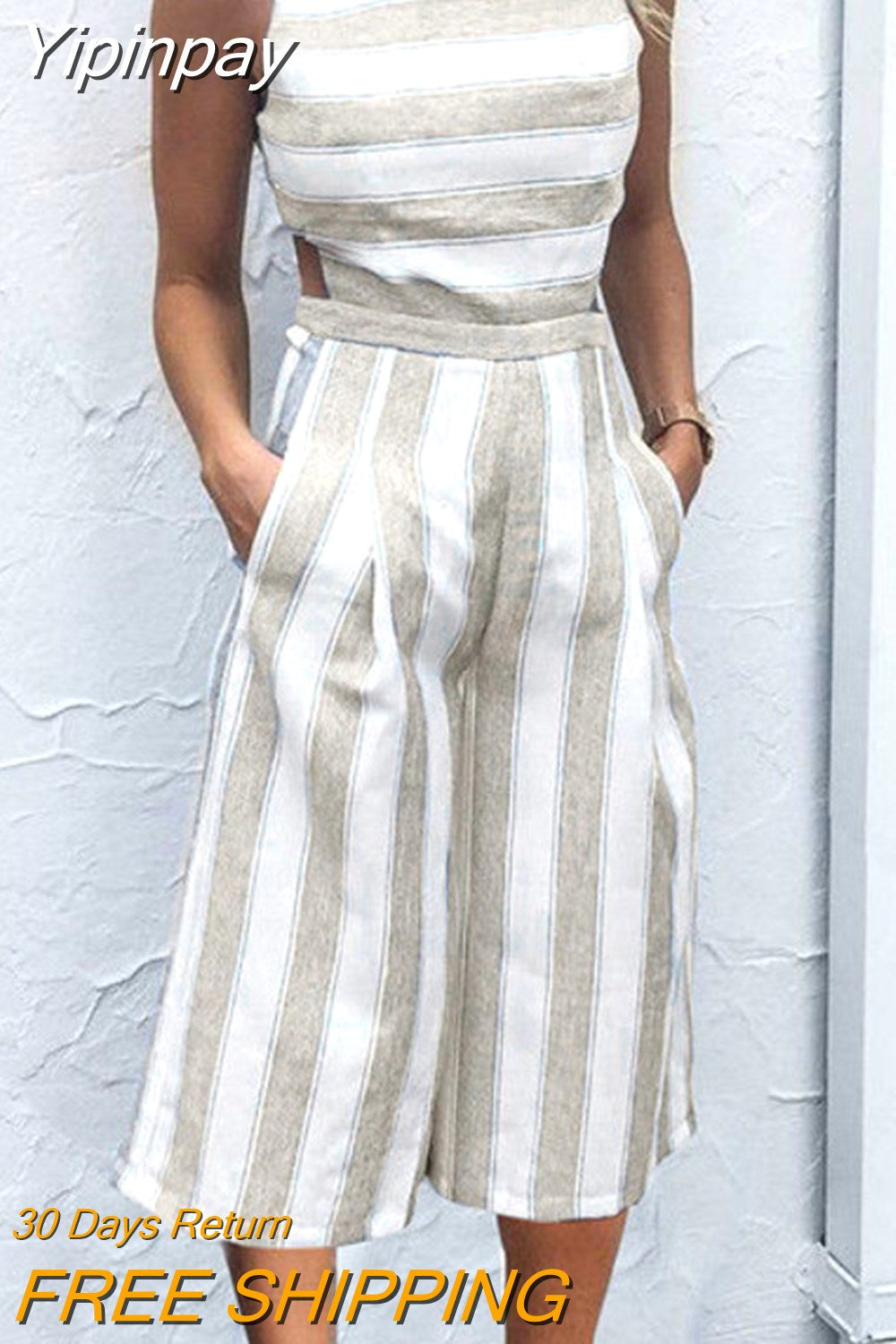 Yipinpay Women's Clubwear Playsuit Striped Loose Casual Party Jumpsuit & Romper Chiffon Long Trousers Backless Cut Out Romper Summer 2023
