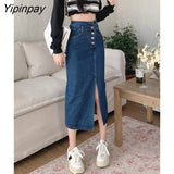 Yipinpay A-line High Waist Long Vintage Versatile Split Denim Skirt Woman