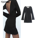 Yipinpay Spring Autumn Backless Mini Dresses 2023 Women Long Sleeve O-neck Solid Party Dress Elegant Chic Tops Outerwear