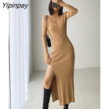 Yipinpay Black Long Sleeve Split Female Knitted Dress Autumn Winter Elegant V-neck Slim Midi-calf Bodycom Dress Women Vestidos