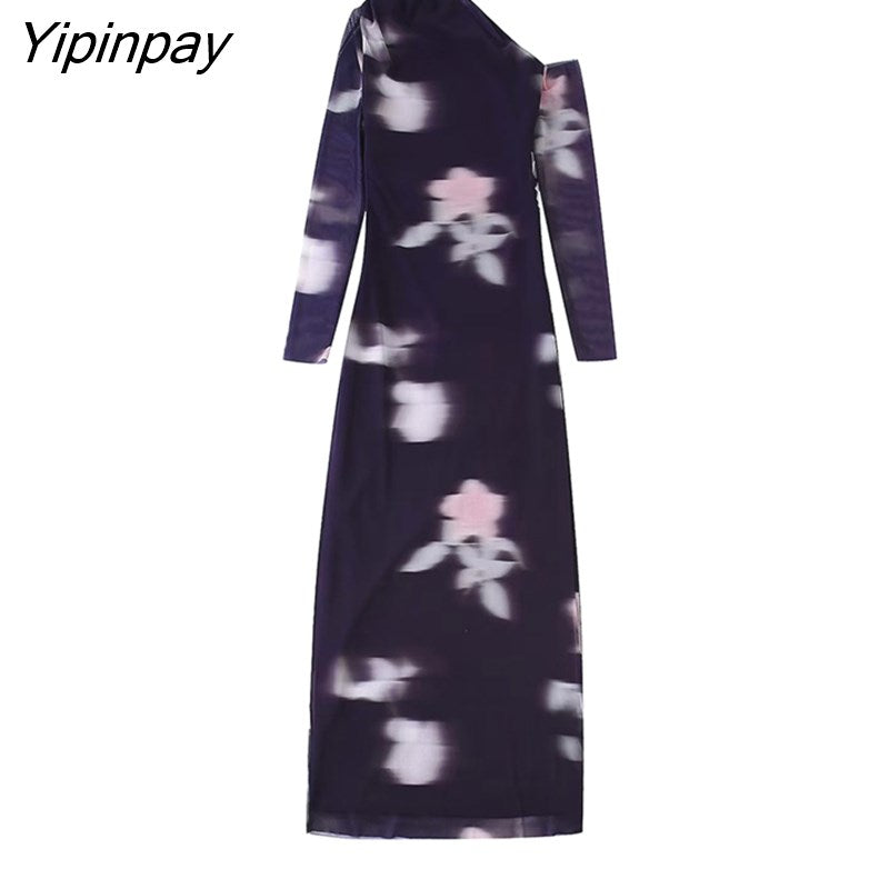 Yipinpay 2023 Women Tulle Printed Asymmetrical Dresses Elegant Party Folds Sexy Party Vestidos Fashion Long Sleeve Mid-Calf Dresses