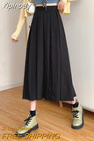 Yipinpay Vintage Brown Pleated Long Skirts Women Korean Fashion High Waist Chic Elegant A-line Midi Skirt for Girls Preppy Style