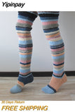 Yipinpay Knitted Stockings Adults Women Autumn Winter Leisure Style Mixed Color Stripes Knee-High Socks Long Stockings Fashion