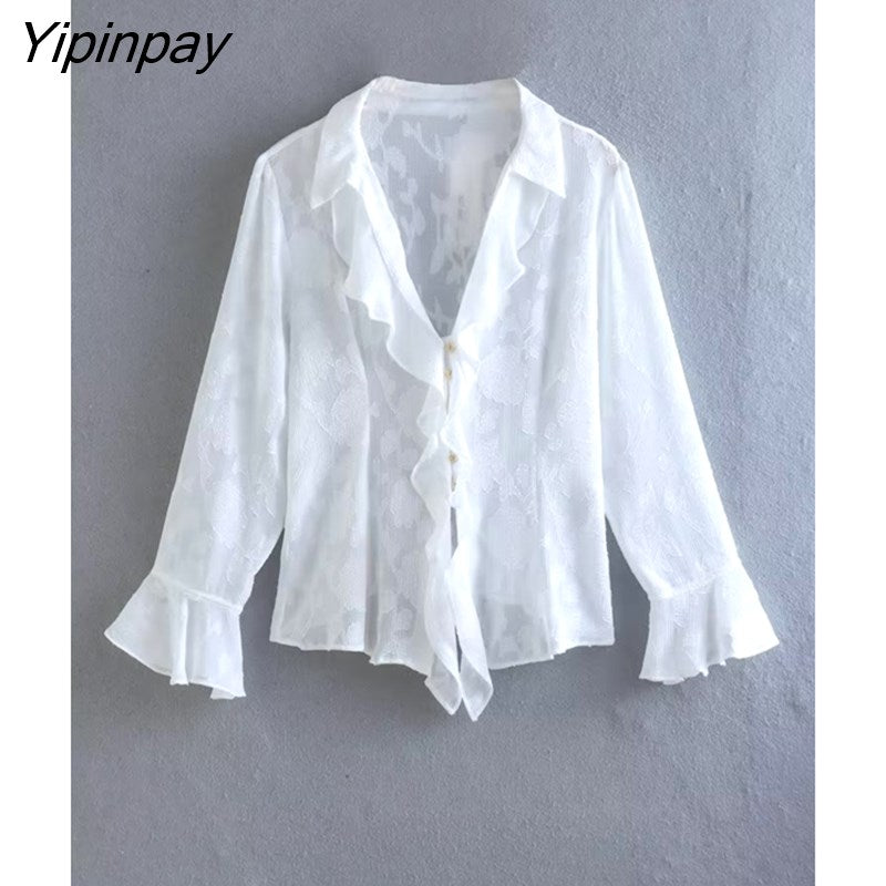 Yipinpay Women Jacquard Ruffles Blouses 2023 Spring Autumn Casual V-Neck Flare Long Sleeved Tops Single Breasted T-Shirts