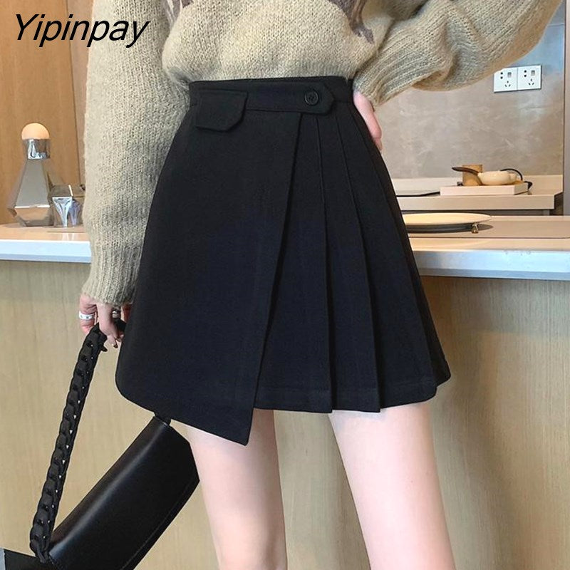 Yipinpay Autumn Winter Apricot Woolen Skirt Women High Waist Pleated Skirt