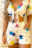 Yipinpay Tie Chest Print Two-Piece Set & Shorts Sets Summer suit