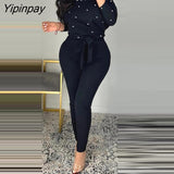 Yipinpay Women Elegant Off Shoulder Beading Long Sleeves Jumpsuit with Belt