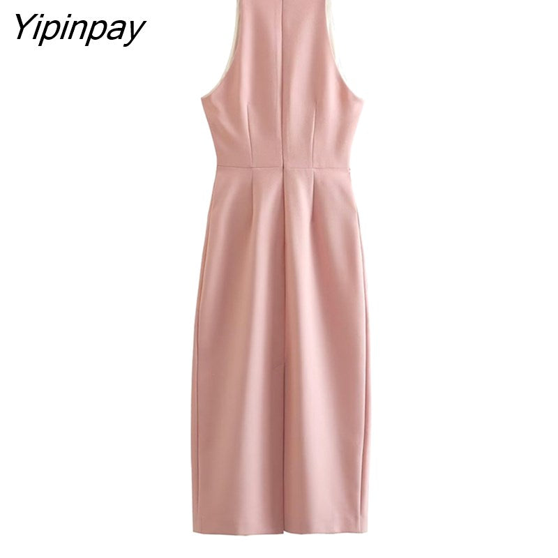 Yipinpay Elegant Women Solid Mid-Calf Dress 2023 Fashion Office Lady V-neck Party Vestidos Sleeveless Back Zipper Dresses Outwear