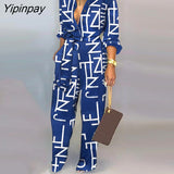 Yipinpay Women Elegant All Over Print with Letter with Belt Straight Button Jumpsuit Sexy Jumpsuit