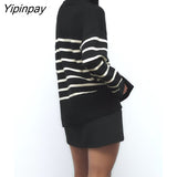 Yipinpay Women Zipper Collar Sweater 2023 Winter Fashion Striped Loose Knitting Sweaters Vintage Long Sleeve Female Pullover Tops