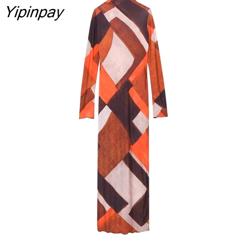 Yipinpay 2023 Women Printed Mid-Calf Dresses Autumn Elegant Haif Turtleneck Dresses Vintage Long Sleeve Zipper Sexy Vestidos