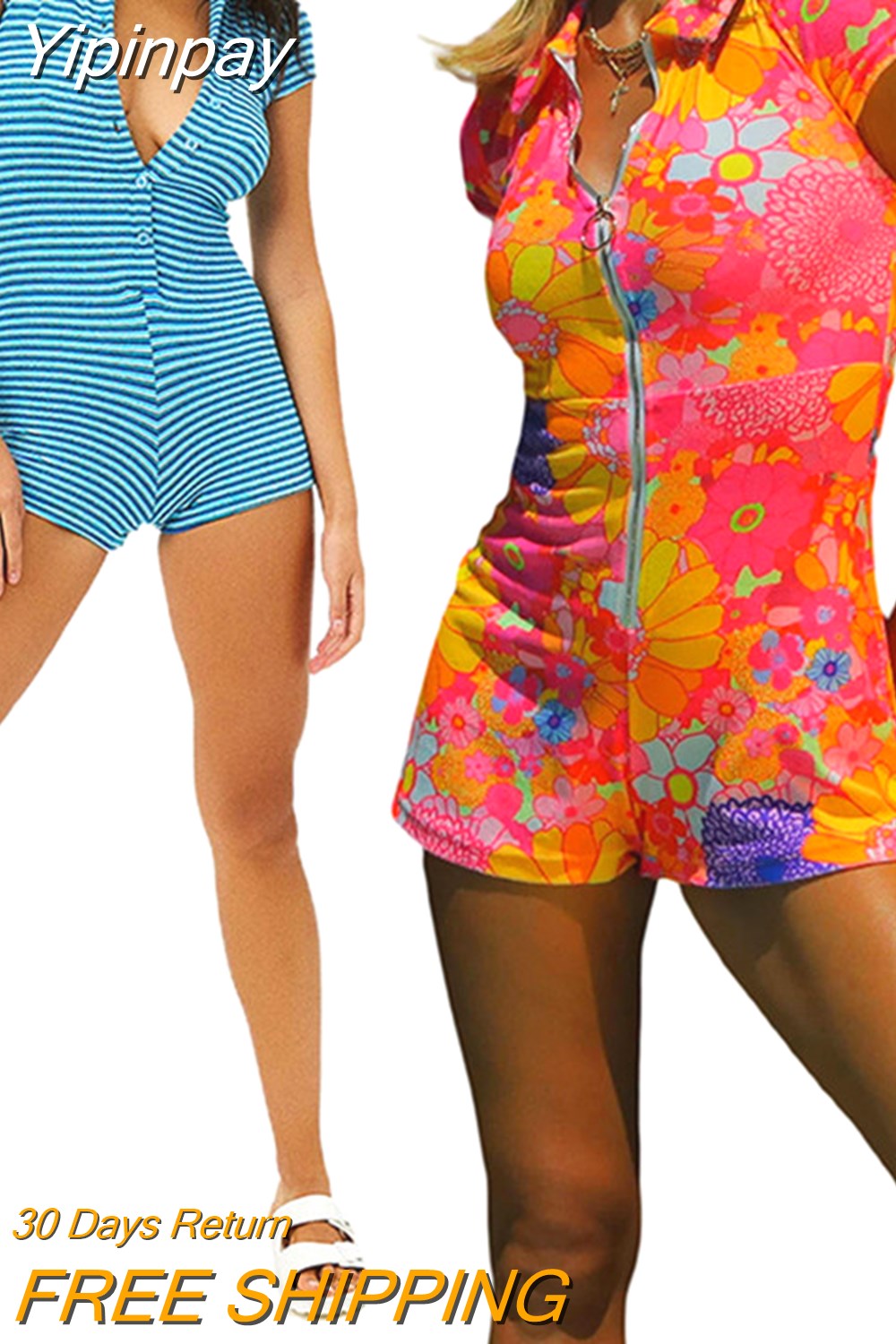 Yipinpay Women Slim-fit Playsuit, Adults Stripe/Flower Print Turn-down Collar Short Sleeve Playsuit