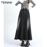 Yipinpay Irregular Long A-line Denim Skirt For Women High Waist Balck Jean Skirts For Ladies