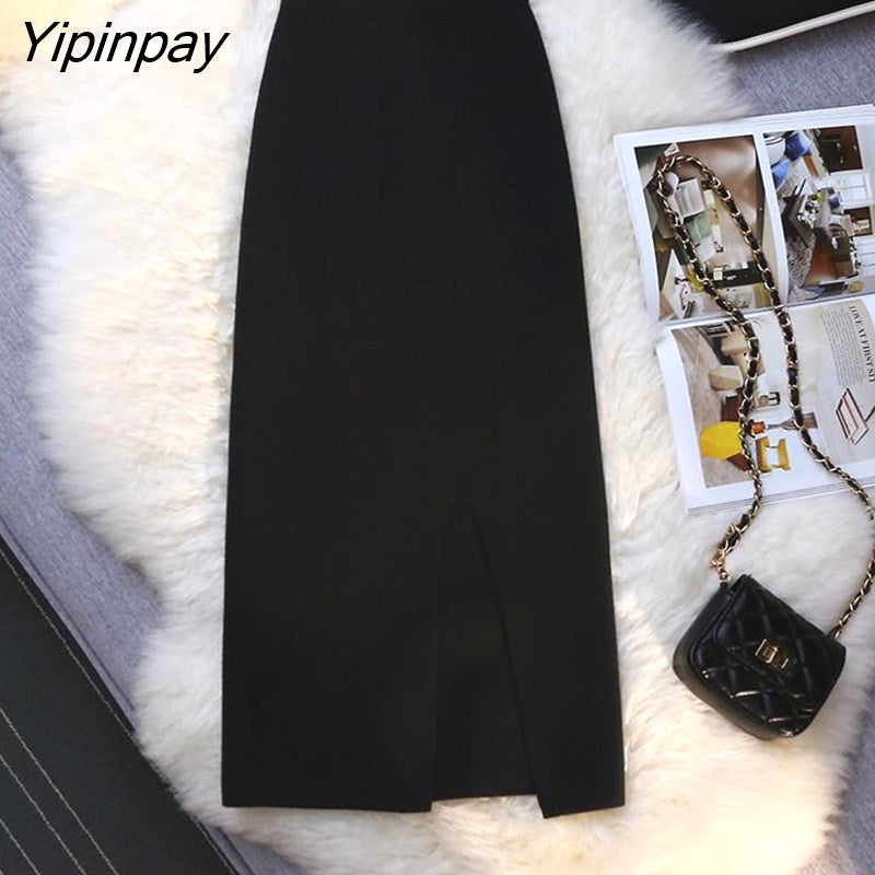 Yipinpay Winter Green Slit Knitted Skirt High Waist Korean Long Skirt