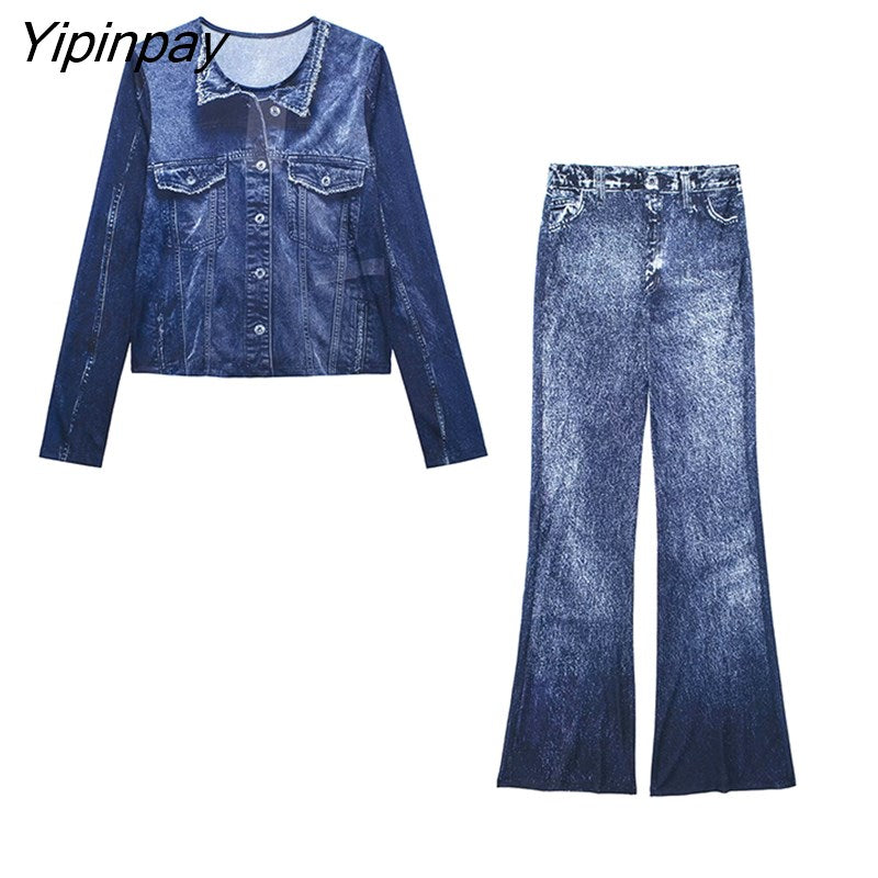 Yipinpay Vintage 2023 Solid Slim Blouse Pants Sets Spring Summer Casual Single Breasted Long Sleeve Shirt Zipper Flare Pants Outwear