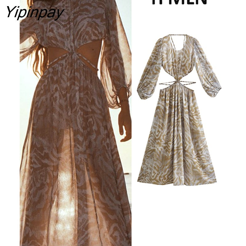 Yipinpay New Women Hollow Out Dress 2023 Spring Summer Sexy Long Sleeve Dresses Beach Party Mid-Calf Fashion Backless Clothes